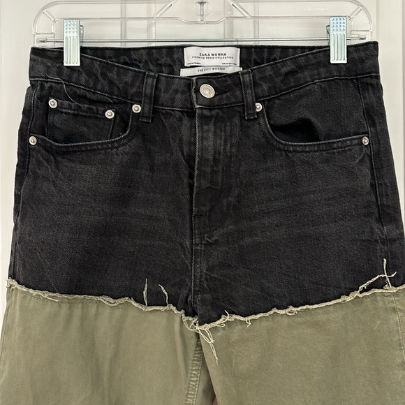 ZARA Women Premium Denim Collection City Worker Black & Green Frayed Hems Pants - Picture 4 of 15